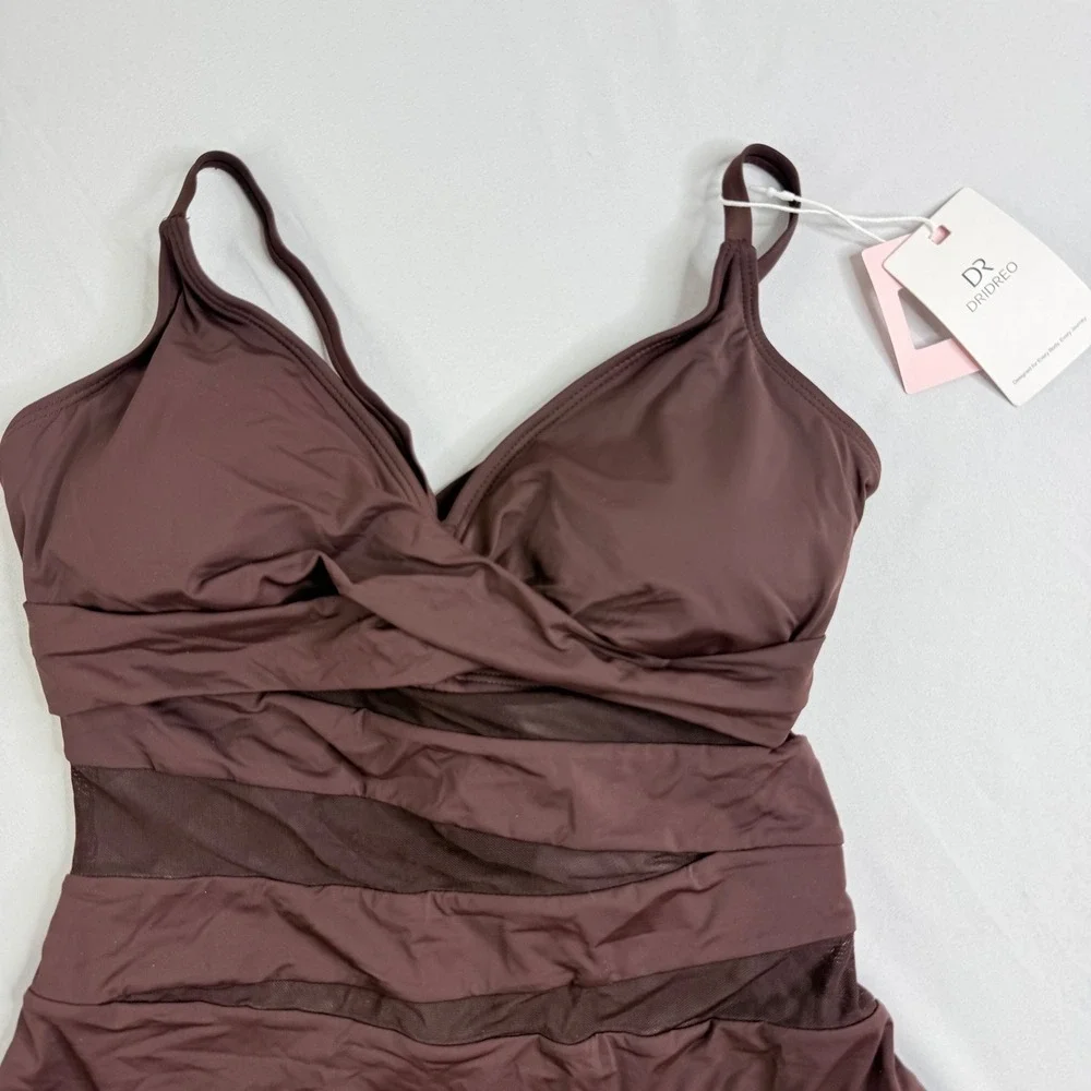 Dridreo Womens Brown Mesh Panel Twist Front One Piece Swimsuit NWT